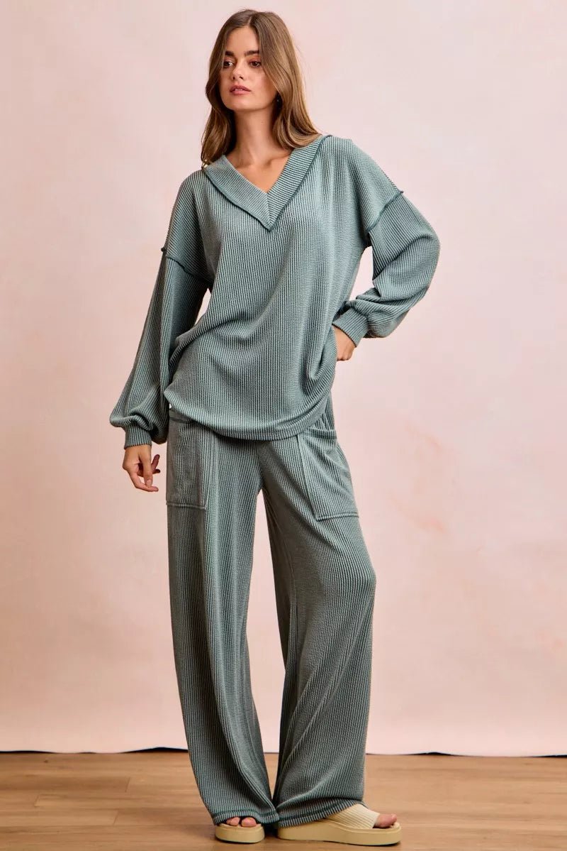 BiBi Two Tone Cord Rib Contrast Stitching V - Neck Top and Pants Set - Seedandsoulful