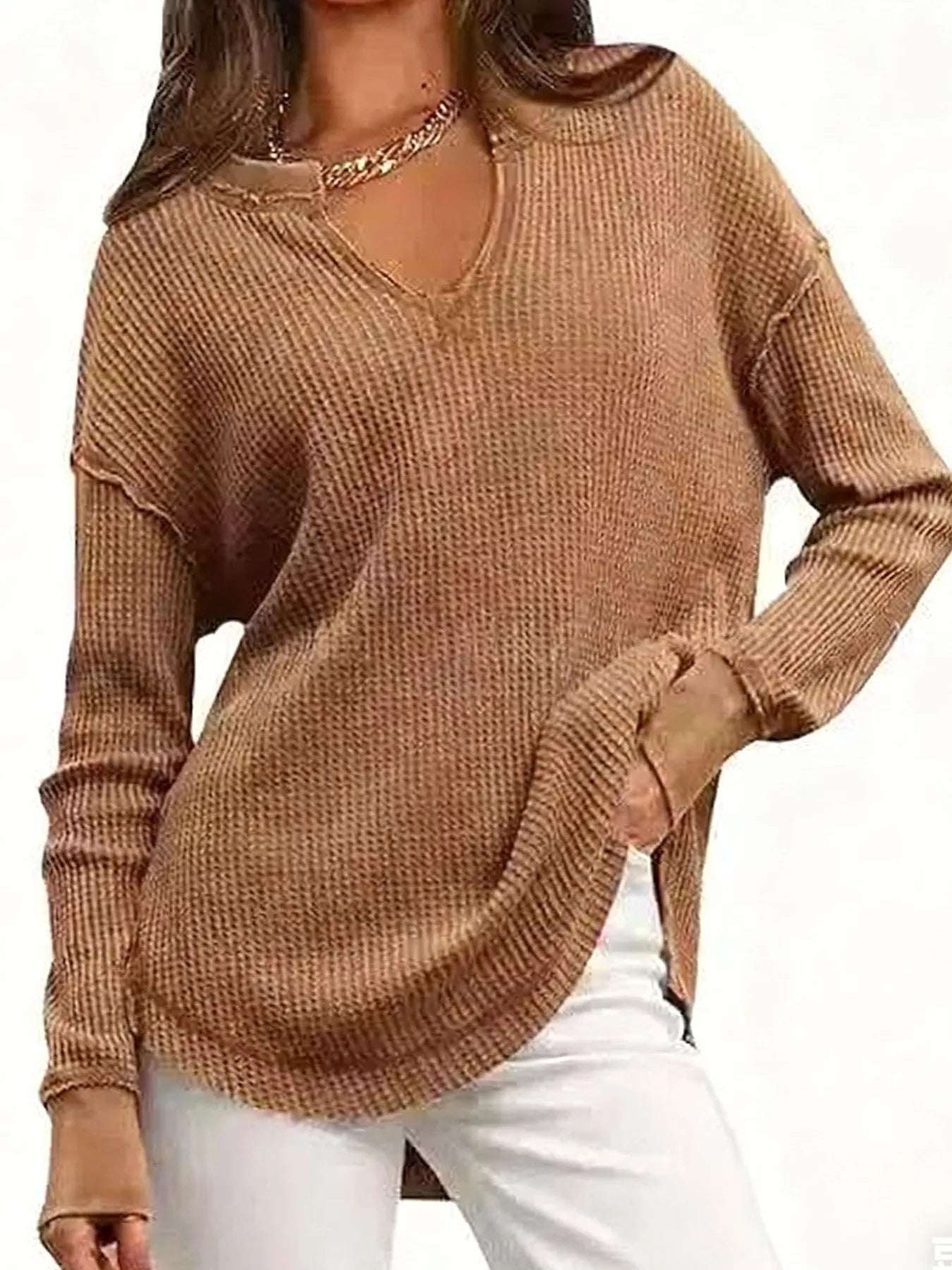 Slit Notched Long Sleeve T-Shirt - Seedandsoulful