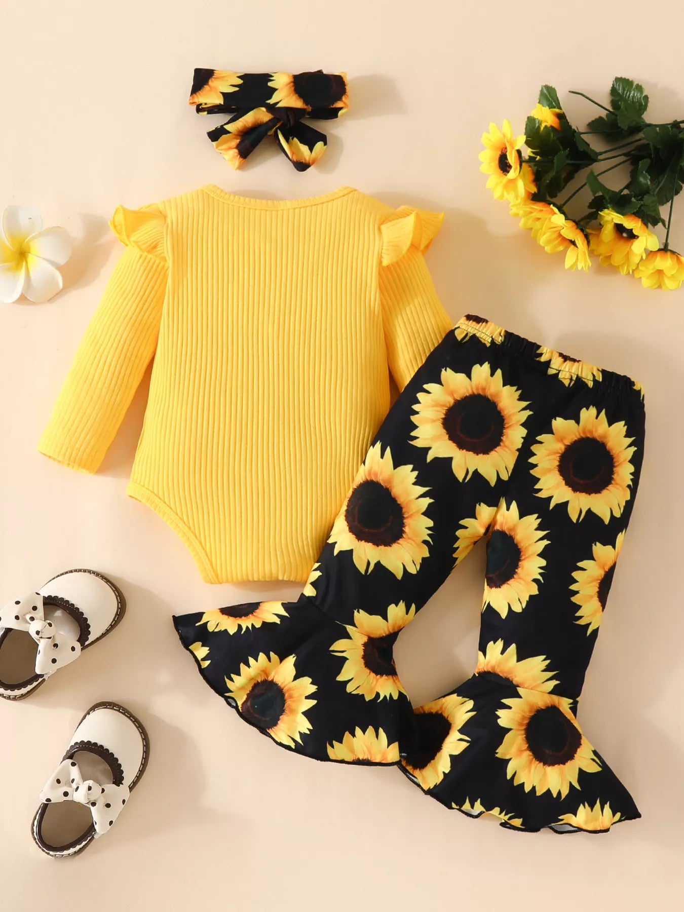 Children's Ruffled Ribbed Top and Sunflower Pants Set - Seedandsoulful