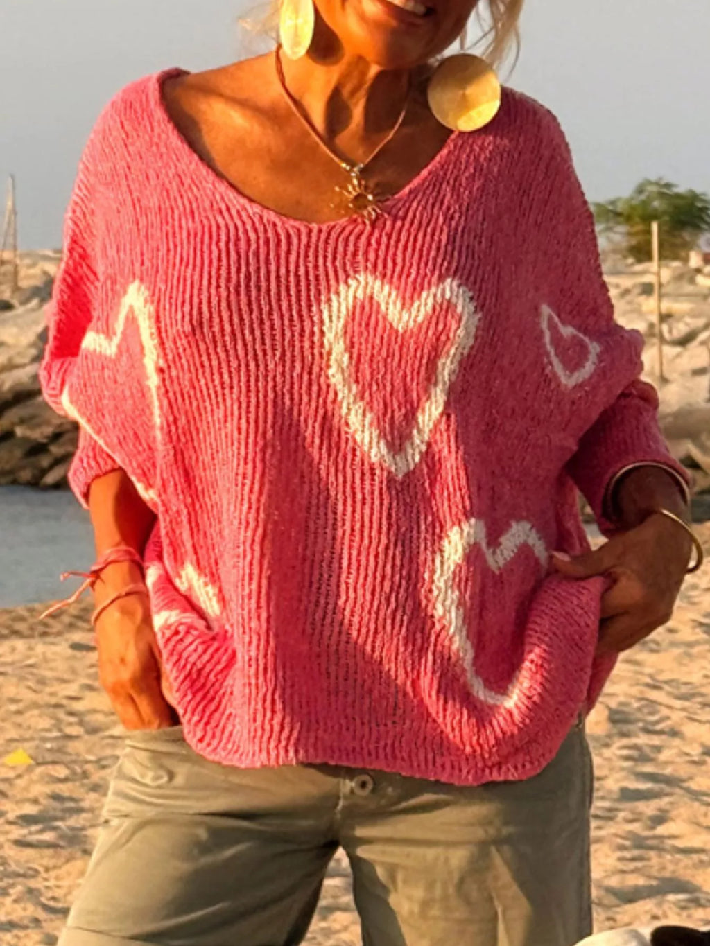 Heart V - Neck Dropped Shoulder Sweater - Seedandsoulful