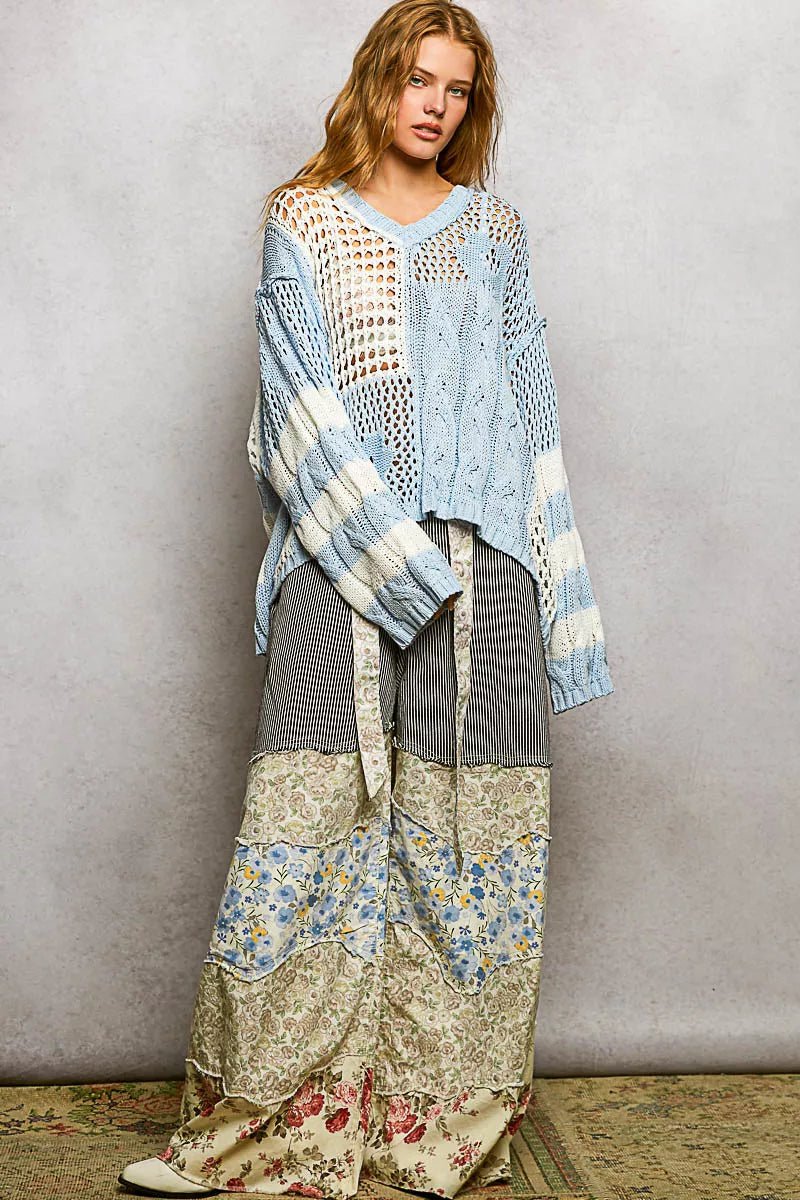 POL Color - Blocked Stripe Pattern Knit Top with Twisted Weave - Seedandsoulful