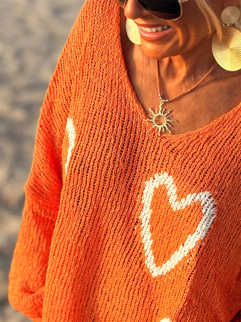 Heart V - Neck Dropped Shoulder Sweater - Seedandsoulful