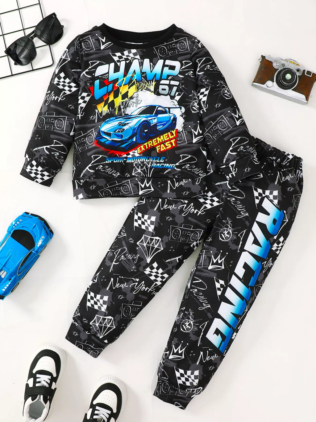 Children's Racing Car Print Long Sleeve Sweatshirt and Pants Set - Seedandsoulful
