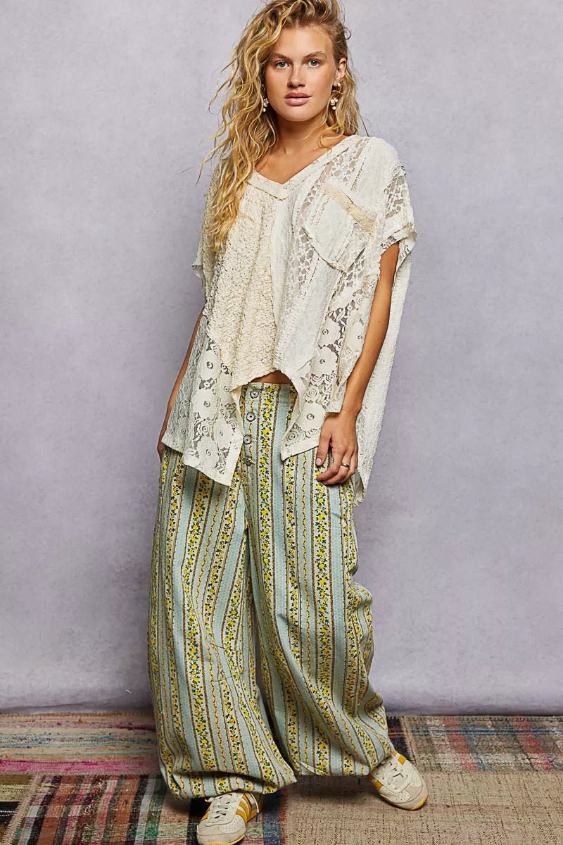 POL Asymmetrical V - Neck Short Sleeve Lace Top - Seedandsoulful