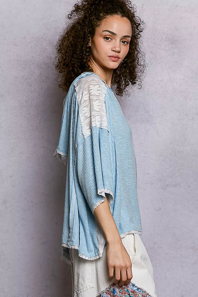 POL Short Sleeve Hoodie Top with Lace Detail - Seedandsoulful