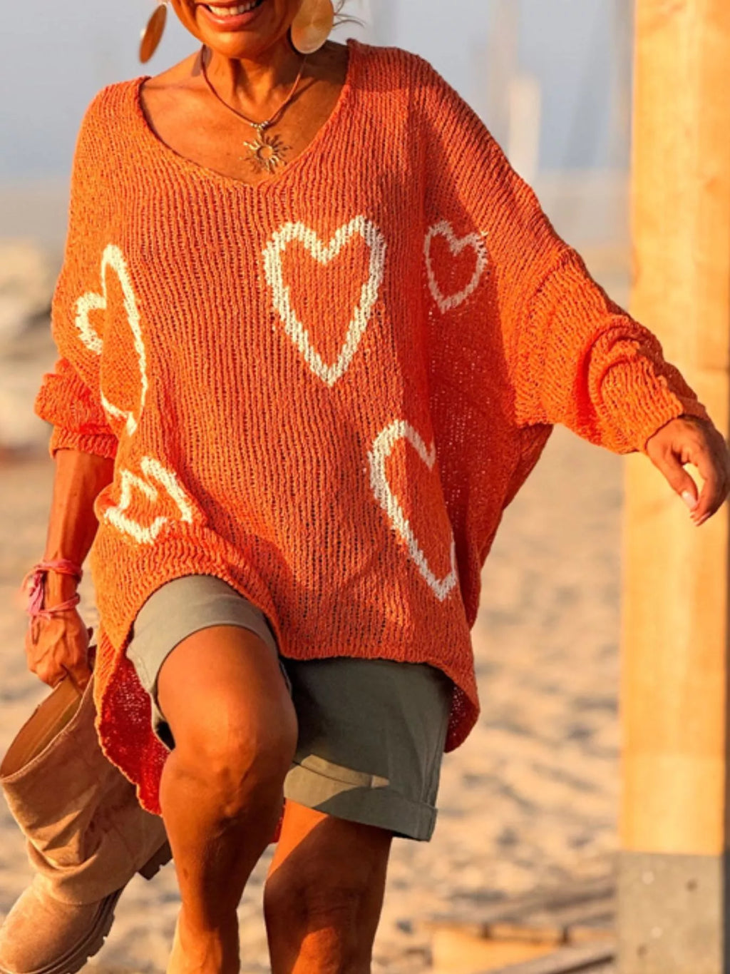 Heart V - Neck Dropped Shoulder Sweater - Seedandsoulful