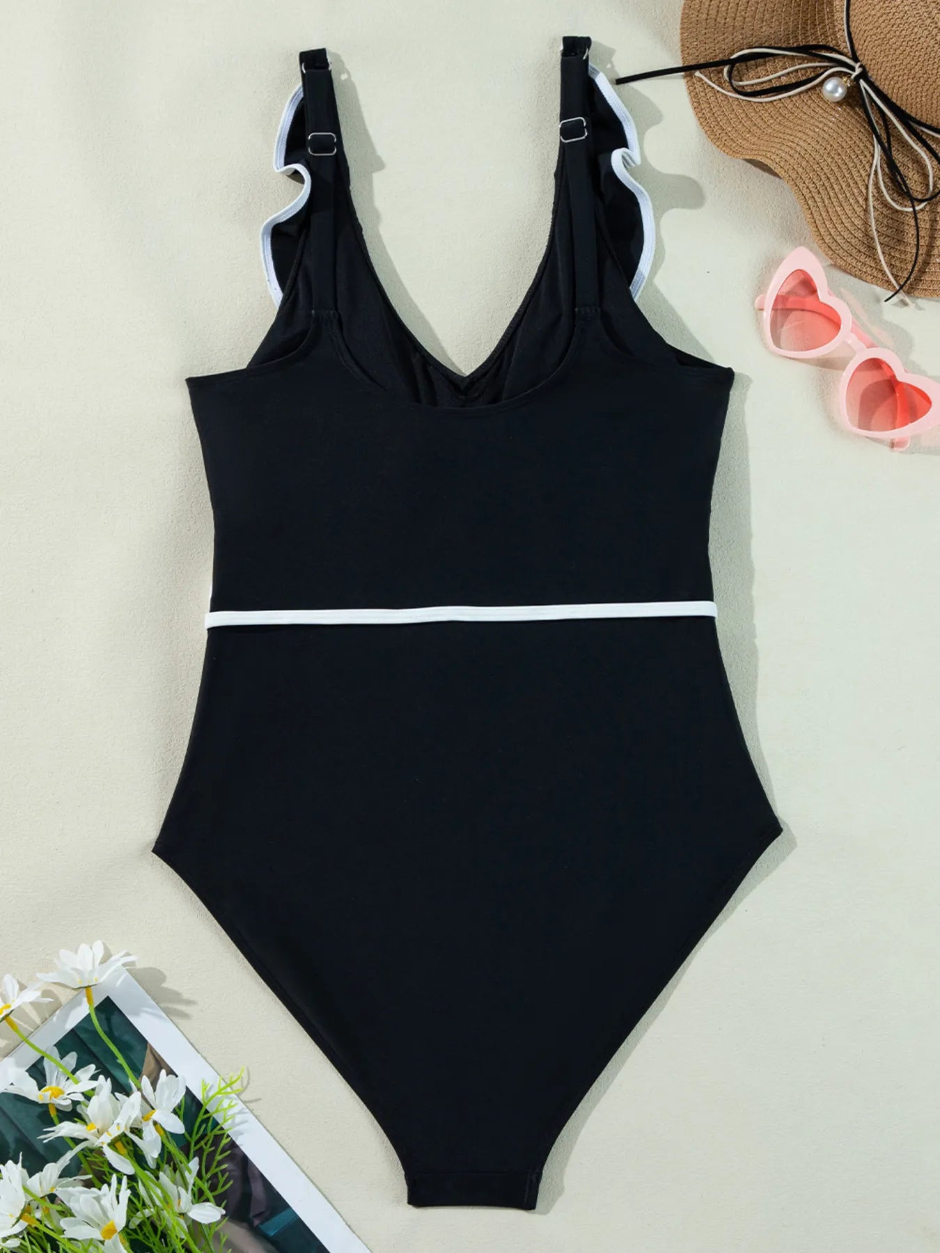 Ruffle Trim V - Neck One - Piece Swimsuit - Seedandsoulful