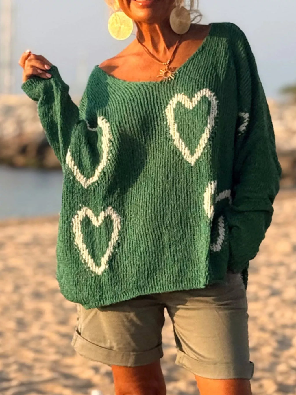 Heart V - Neck Dropped Shoulder Sweater - Seedandsoulful